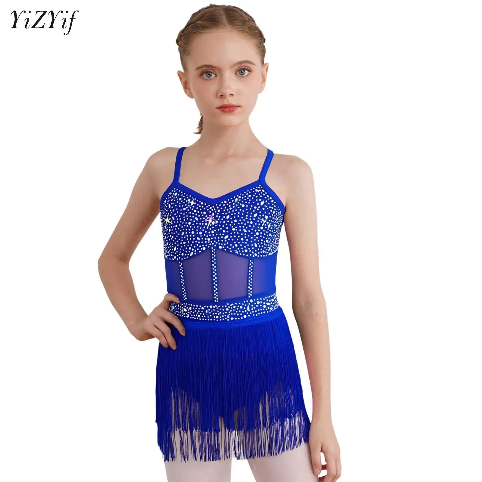 

Kids Girls Fringed Dance Leotard Glittery Rhinestones Sleeveless Tassel Bodysuit for Figure Skating Tango Samba Latin Jazz