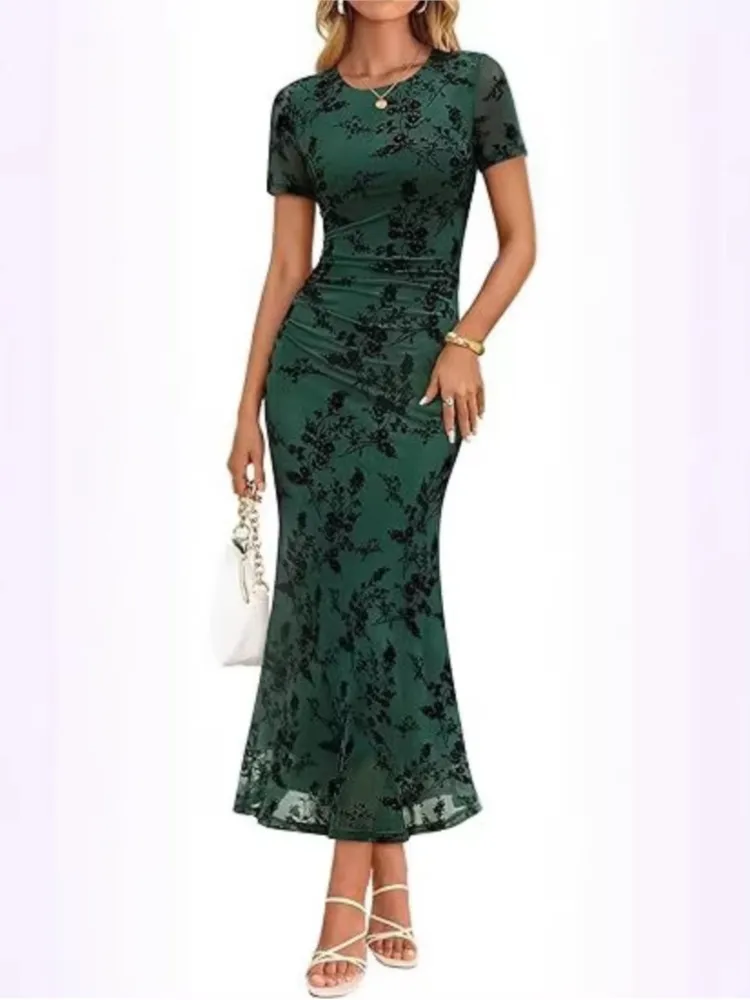 

Fashionable Temperament Slim Floral Long Skirt 2026 Summer Spring New Women's Waist Elegant Short-sleeved Mesh Dress Female
