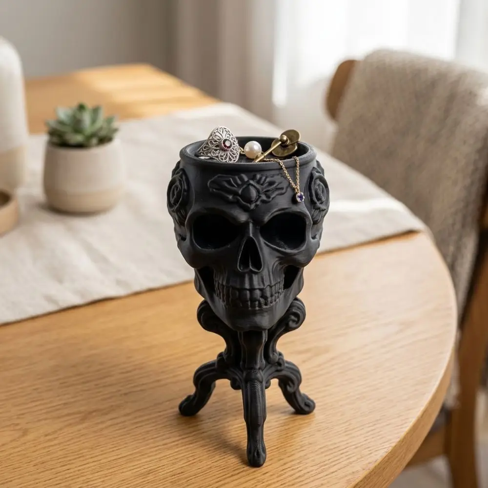 3D Printed Halloween Goblet Skull Planter Gothic Vintage Carved Mini Skeleton Flower Pot Spooky Dark Integrated