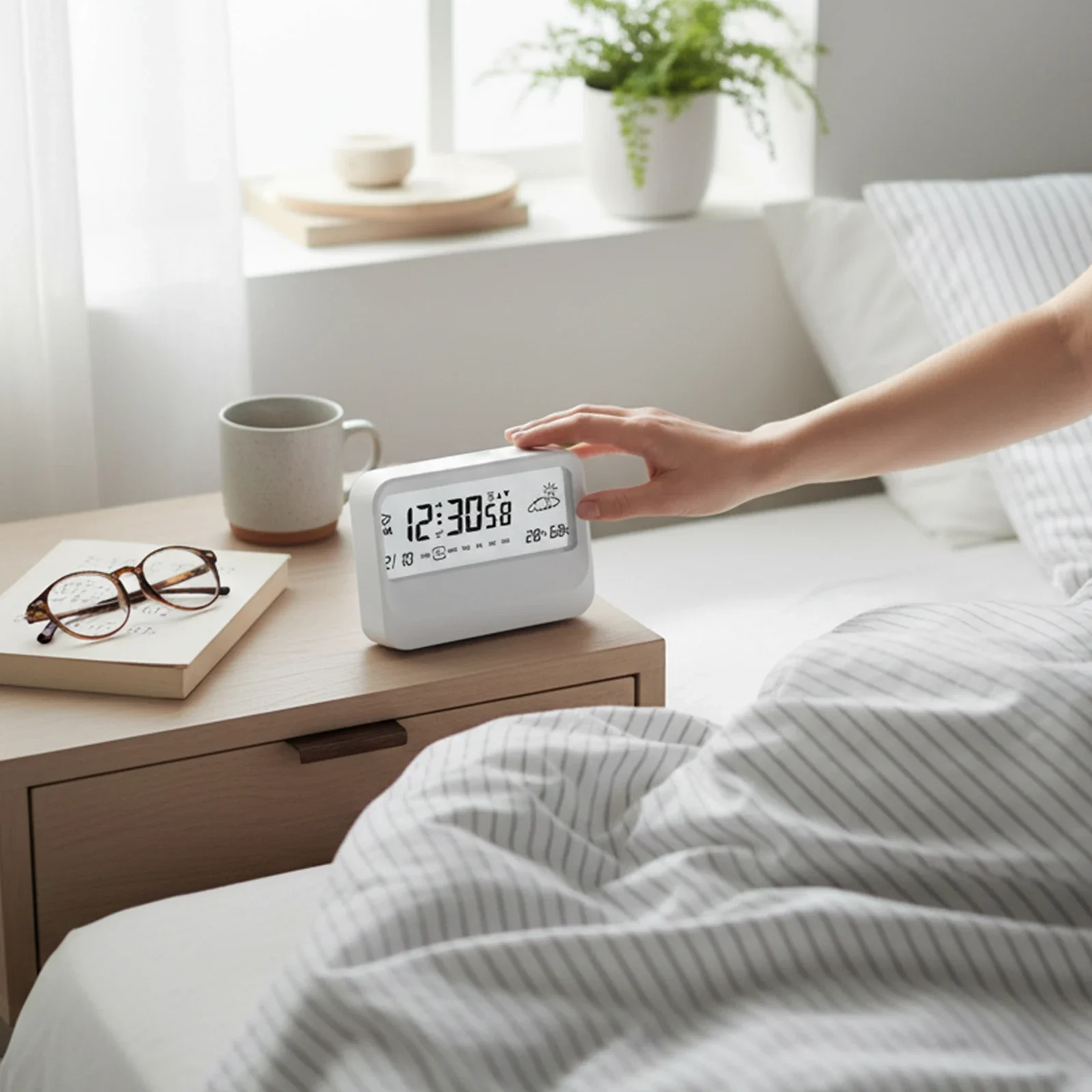 Multifunction Digital Alarm Clock with Visual Timer Temperature Display Date and 3 Custom Alarm Settings for Daily Scheduling
