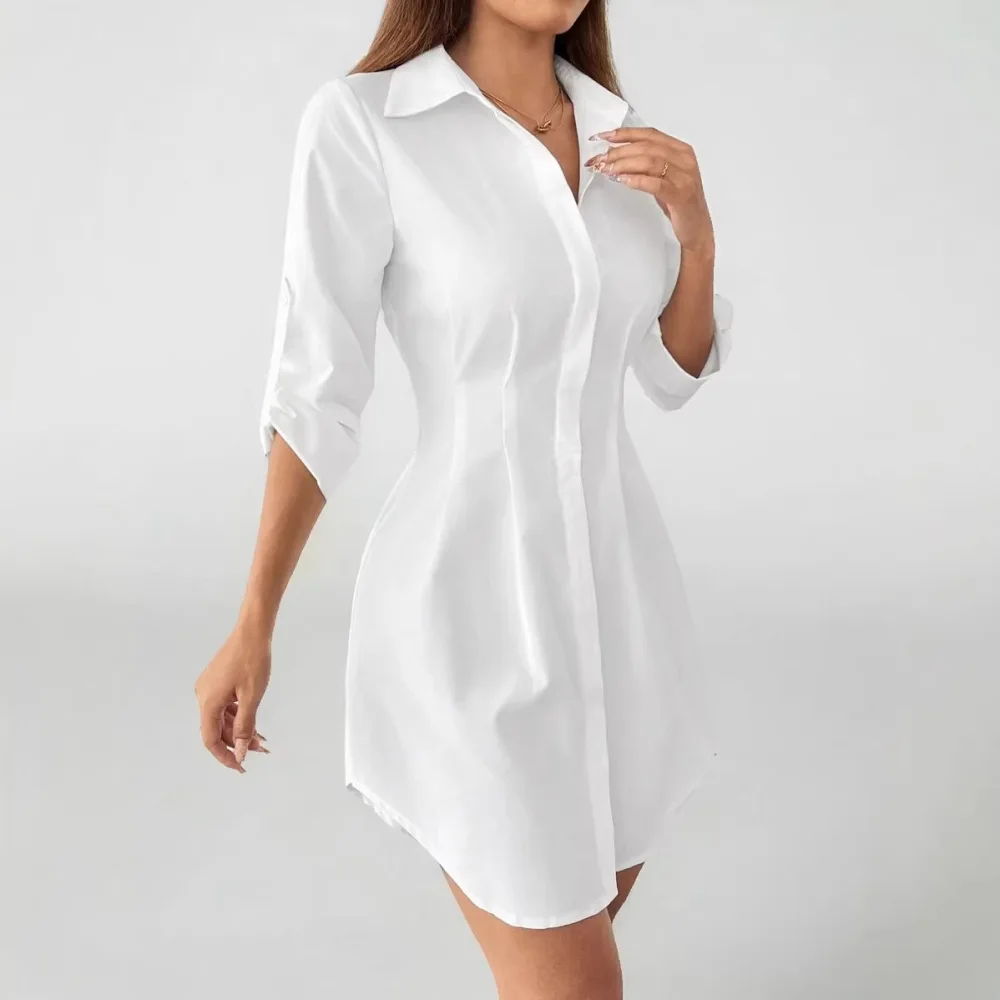 Women Shirt Dress Long Sleeve Lapel Button Down Dresses Casual Slim Fit Elegant Mid Length Skirt Office Daily Spring Outfits