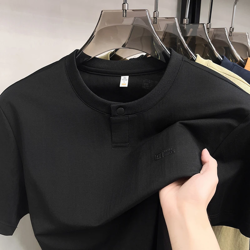 Light luxury brand short sleeve summer T-shirt high-end letter embossed casual button round neck top new solid color men's wear