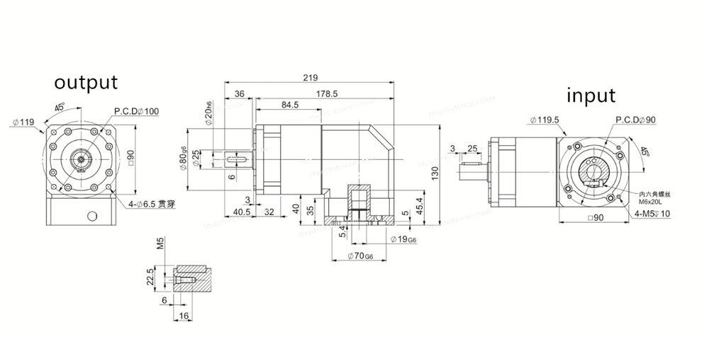 PVF090 الزاوية اليمنى 90 درجة نسبة مخفض علبة التروس الكوكبية 5:1 10:1 100:1 ل 80 إطار 750 واط محرك سيرفو يعمل بالتيار المتردد عمود الإدخال 19 مللي متر #6