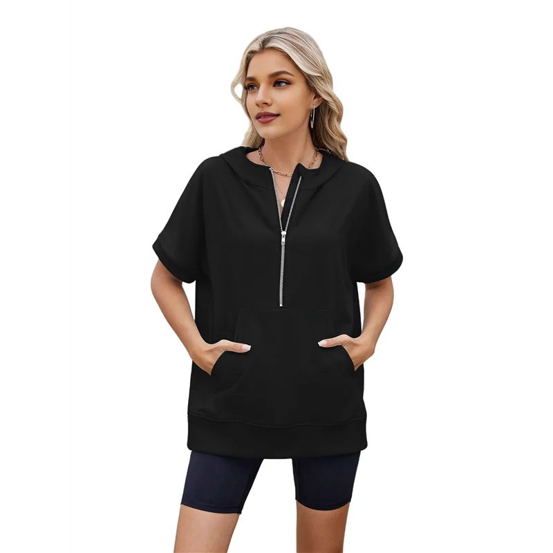 

Женские большие толстовки на молнии с коротким рукавом, повседневные толстовки, пуловеры, топы с карманами-A55G