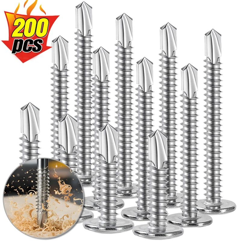 

200/20x Stainless Steel Self Drilling Screw Flat Head High-Strength Self Tapping Screws Assortment Kit Woodworking Fasteners Set