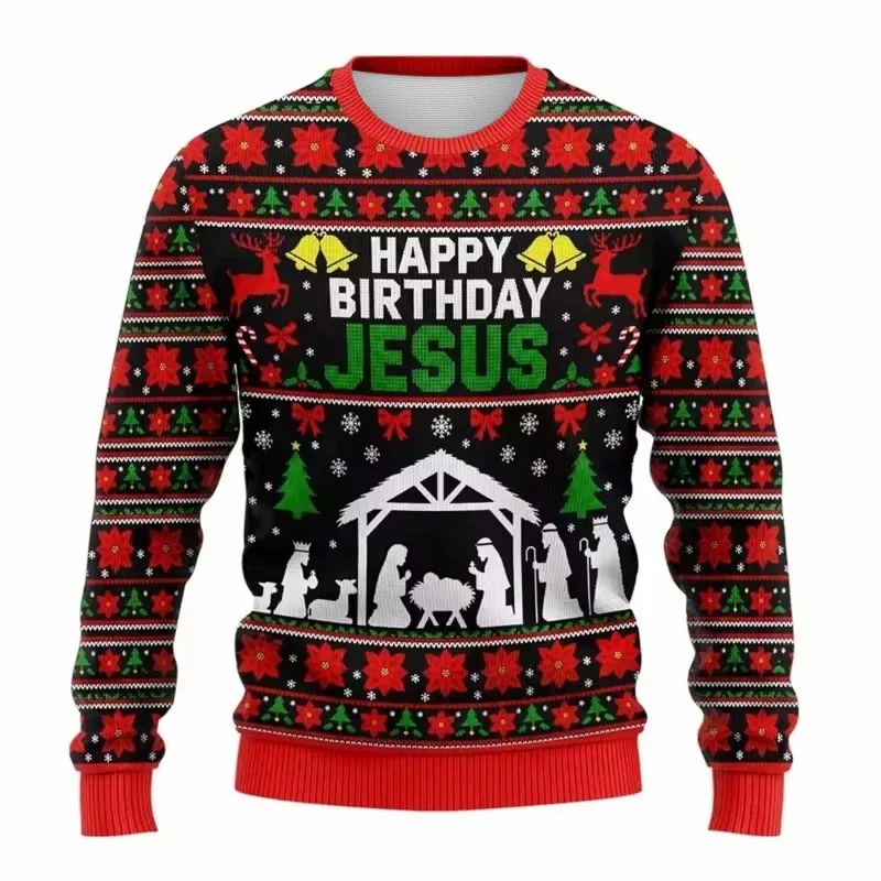 

Happy Birthday Jesus Nativity Printed Ugly Christmas Sweatshirt Unisex Fashion Streetwear Oversized Winter Holiday Pullover Y2k