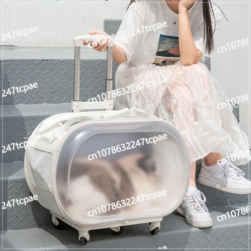 High Aesthetic Pet Trolley Box Portable Travel Cat Basket Ventilated And Breathable Transport Bag Silent Pulley Space Capsule