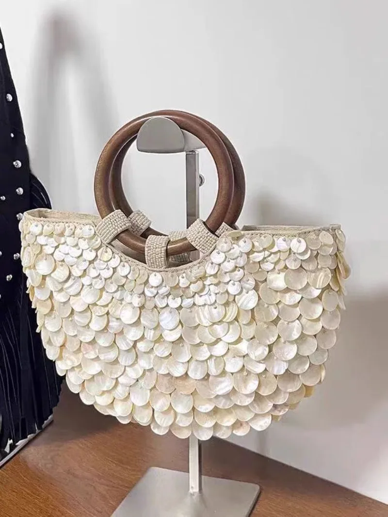 

Luxury Designer Shell Beaded Clutch Purse Handmade Top Handle Bag Evening Handbag for Women Summer Vacation