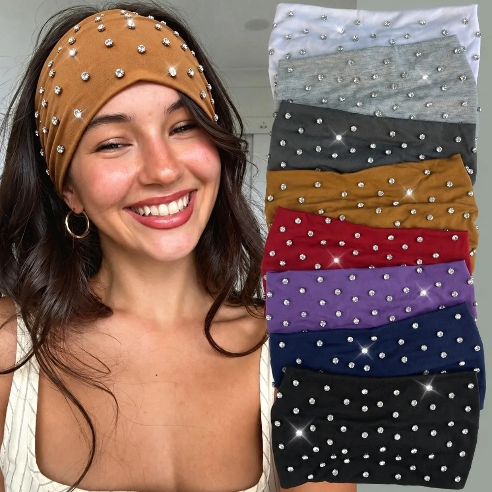 Stylish Rhinestone Studded Headband Wide Soft Elastic Sports Headband Anti-slip Sweat-absorbent Makeup Hairband Hair Accessories