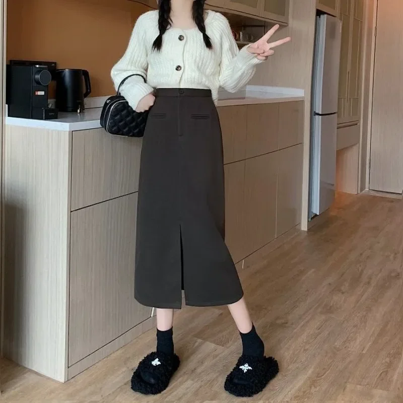 Midi Skirts Women Elegant Slit Tender A-line Korean Style All-match High Waist Classic Simple Autumn Harajuku Chic Юбка Женская