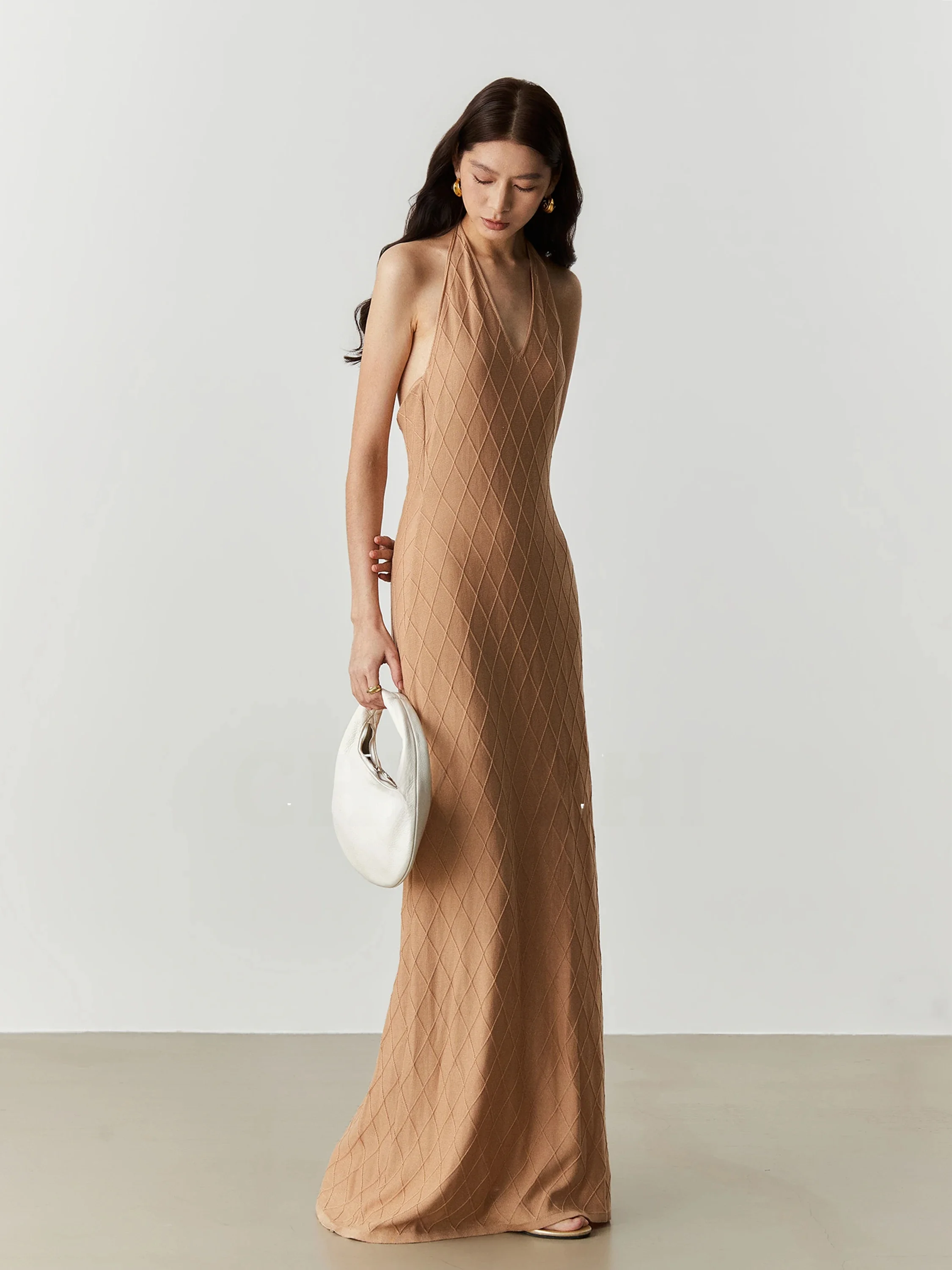 Long Knitted Dress V-Neck Backless Strap Design Soft Comfortable Rcelle Fiber Mid-Summer Chic Zhi City Commute Style