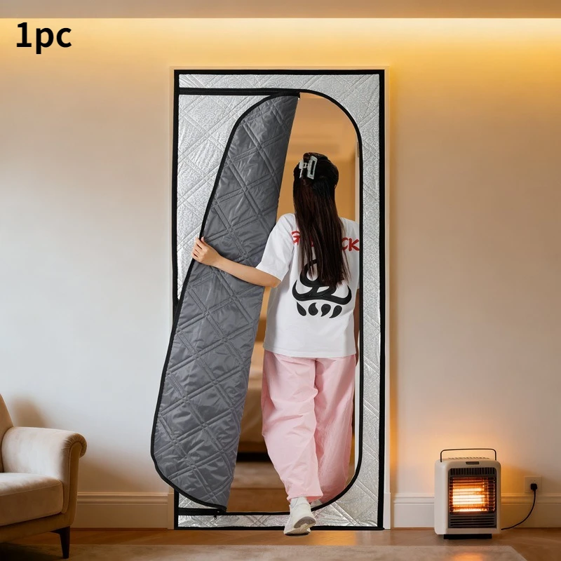 Nail-Free Winter Door Curtain Model D with Zipper, Oxford Fabric Aluminum Membrane Cotton Liner Wind Block Warm Divider Drape