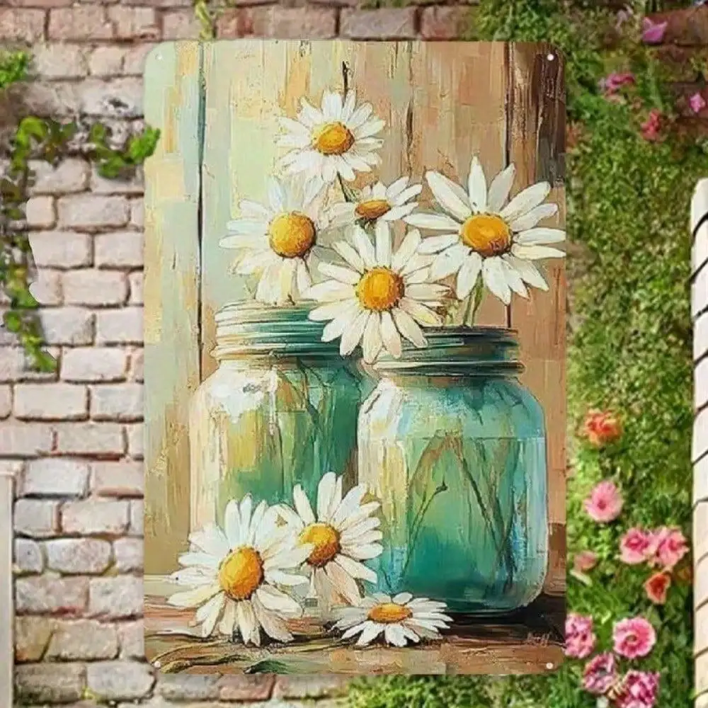 CIFBUY Vintage Daisy Mason Jar Rustic Farmhouse Aluminum Wall Art Waterproof Durable Metal Sign for Home Kitchen Bathroom Decor