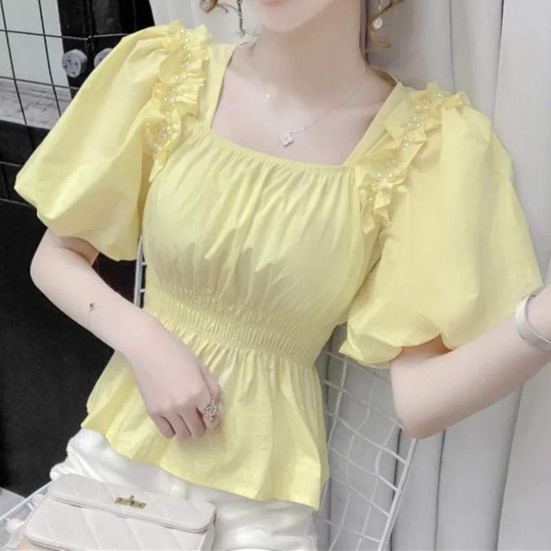 Ruffles Short Blouse Summer New Short Sleeve Pleated Elegant Solid All-match Youth Shirt Tops Temperament Elegant Women Clothing