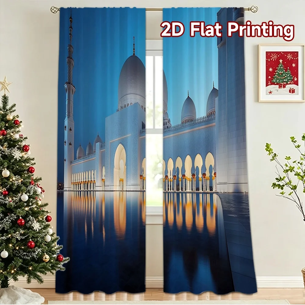 2D flat 2pcs Curtain French Romantic Style Blue Mosque Reflection Durable polyester fiber Birthday Party for Drapes for Bedroom