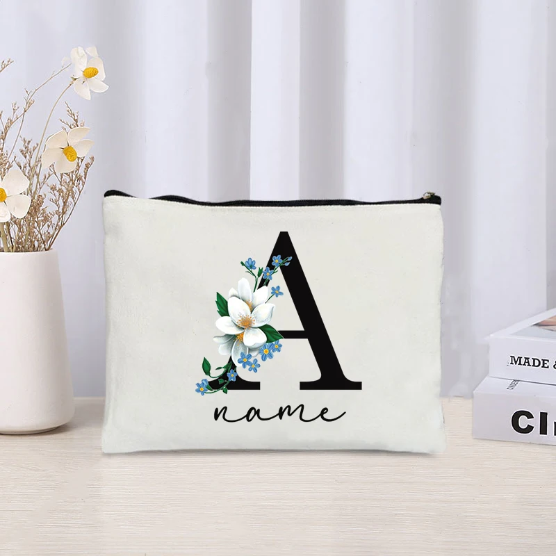 Camellia Initial Canvas Makeup Case Custom Name Travel Toilet Cosmetic Bag Pouch Women Lipstick Skincare Item Teacher Gifts