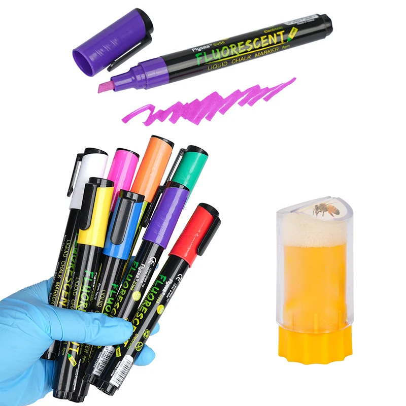 

Queen Bee Marking Bottle with Marker Pen Set Plastic Bee Marker Tube Catcher Cage With Plunger Plush 8-color Beekeeping Tool Pen