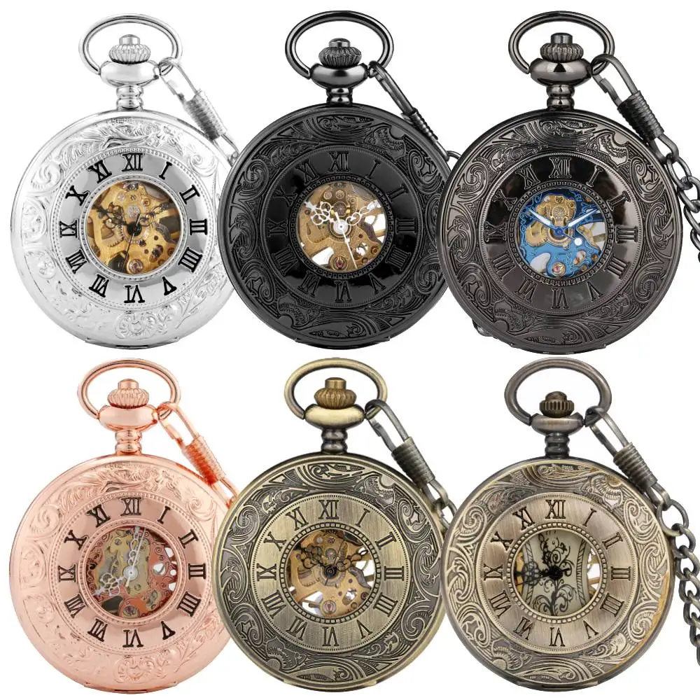 クラシックブラック-ブロンズ-シルバー-ローズゴールドローマ数字デザイン機械式手巻き懐中時計フォブチェーンペンダント男性へのギフト
