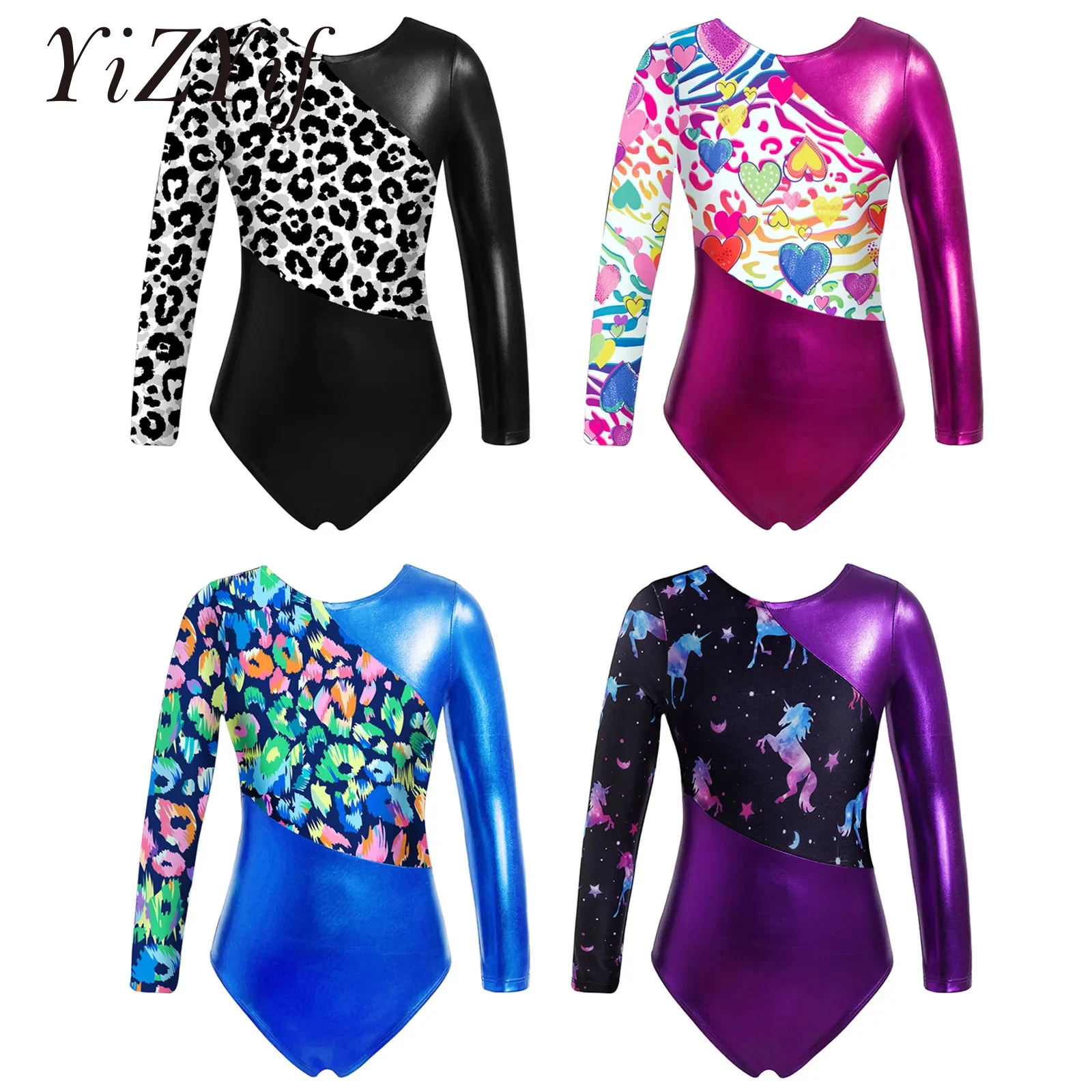 Kids Girls Gymnastic Ballet Dance Leotard Figure Skating Costume Long Sleeve Shiny Rhinestones Leotard Jumpsuit for Performance