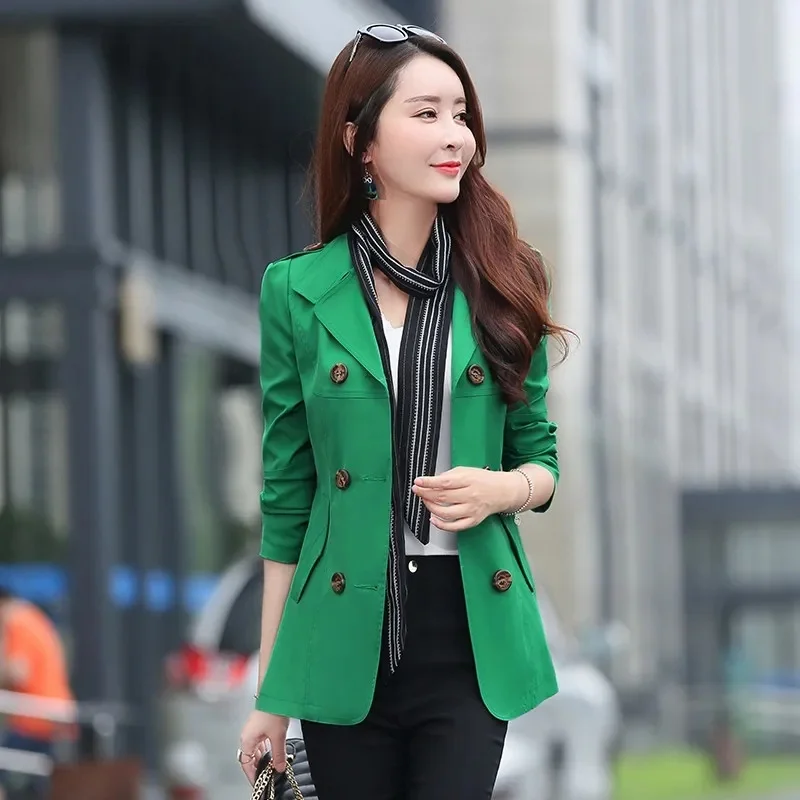 New Women\'s Trench Coat Spring Autumn Double Breasted Short Windbreaker Coats Solid Color Slim Lady Outerwear Tops