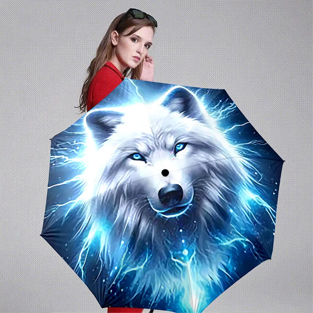 Mystical White Wolf with Blue Lightning Design Umbrella Portable Folding Umbrella, Gift for Family And Friends