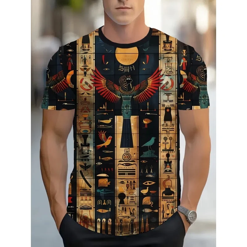 

3D printed ancient Egyptian men's T-shirt with Pharaoh Anubis pattern for summer casual round neck top, loose short sleeved
