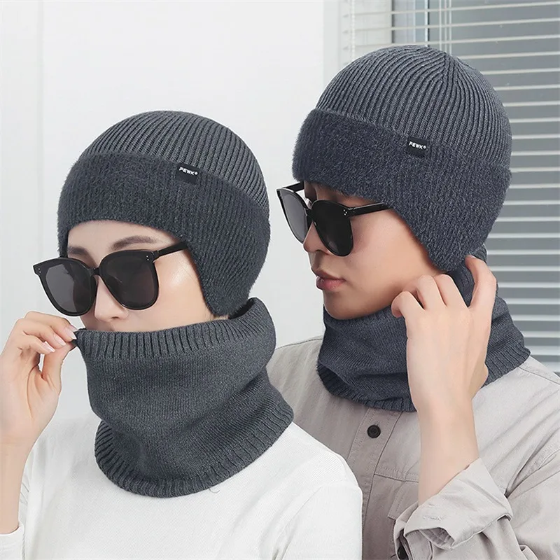 New Unisex Winter Knitted Hat Scarf Set Fashion Beanie Hats For Men Women Outdoor Earflap Hat Classic Keep Warm Cap