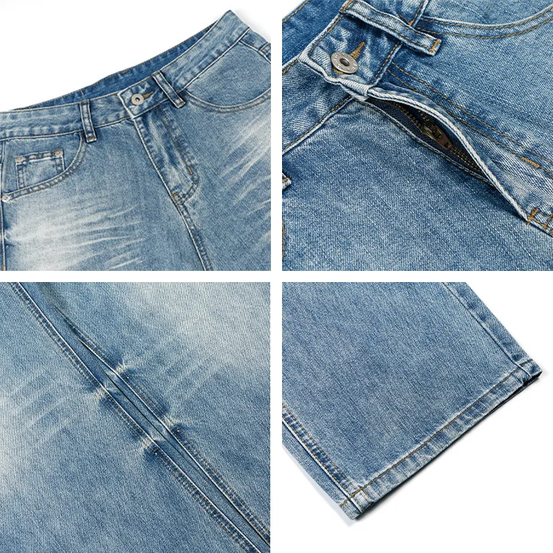 ヴィンテージウォッシュストレートワイドレッグジーンズハイストリートルーズトラウザーズ