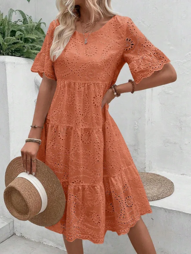 

Chic Lace Hollow Out Tiered Ruffle Hem Short Sleeve Mid- length Orange Women's Summer Dress for Casual Boho Beach Party Vacation