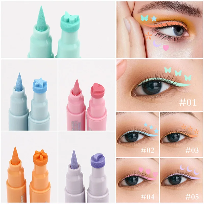 1 Stück/5 Stück Eyeliner-Stift mit Liebe/Blume/Stern-Stempel, bunter flüssiger Eyeliner, doppelseitiger Siegel, Eyeliner-Stift, schnell trocknendes Make-up