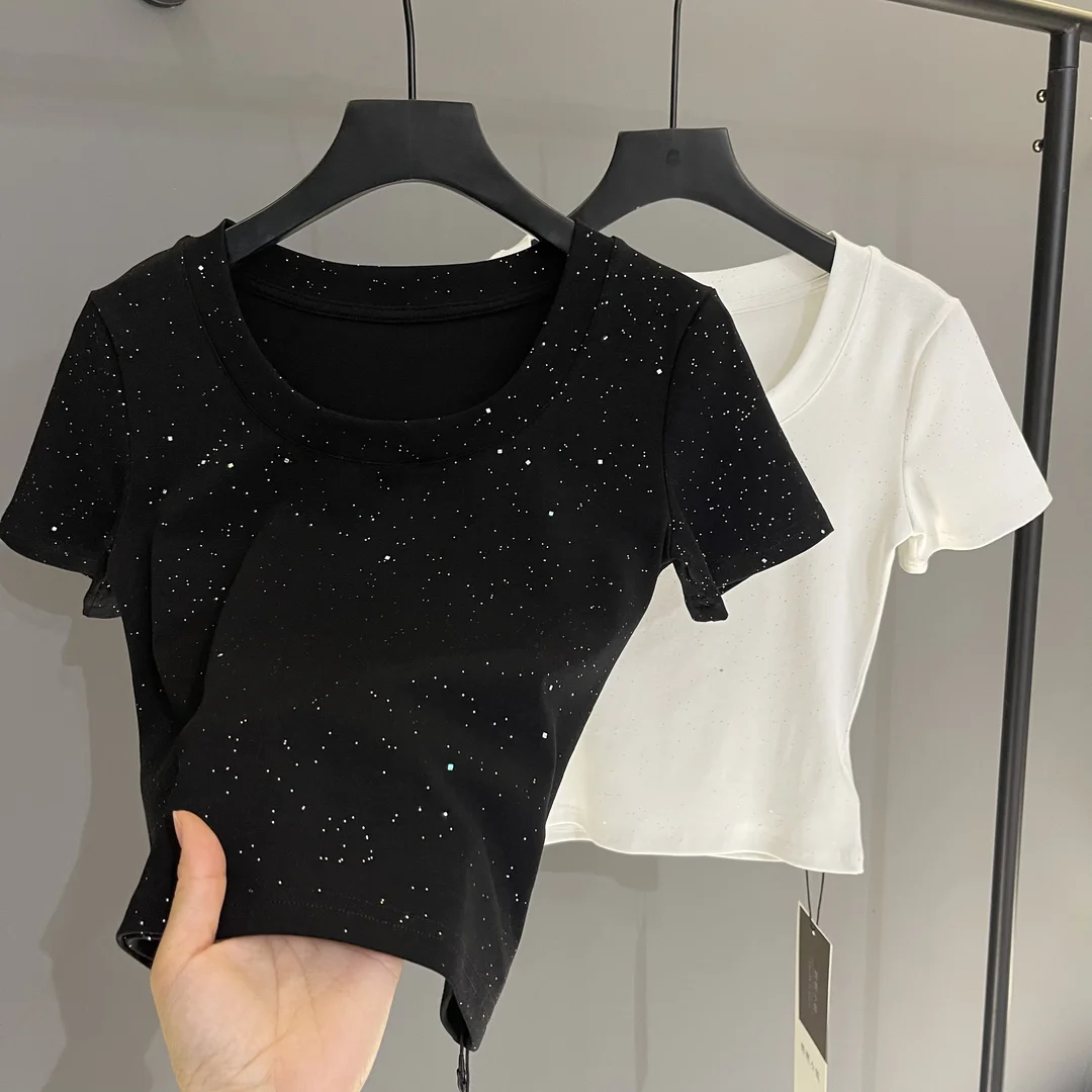 

Sequin Front Shoulder Short-sleeved T-shirt for Women 2025 Summer New Slim Slim Versatile Top
