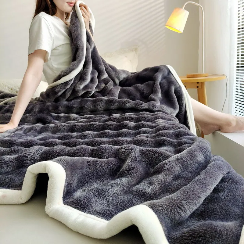 Flannel Rabbit Fur Solid Color Bed Blanket Nap Cover Soft Sofa Blanket Coral Fleece Cover for Room Linens Home Bedroom Gift