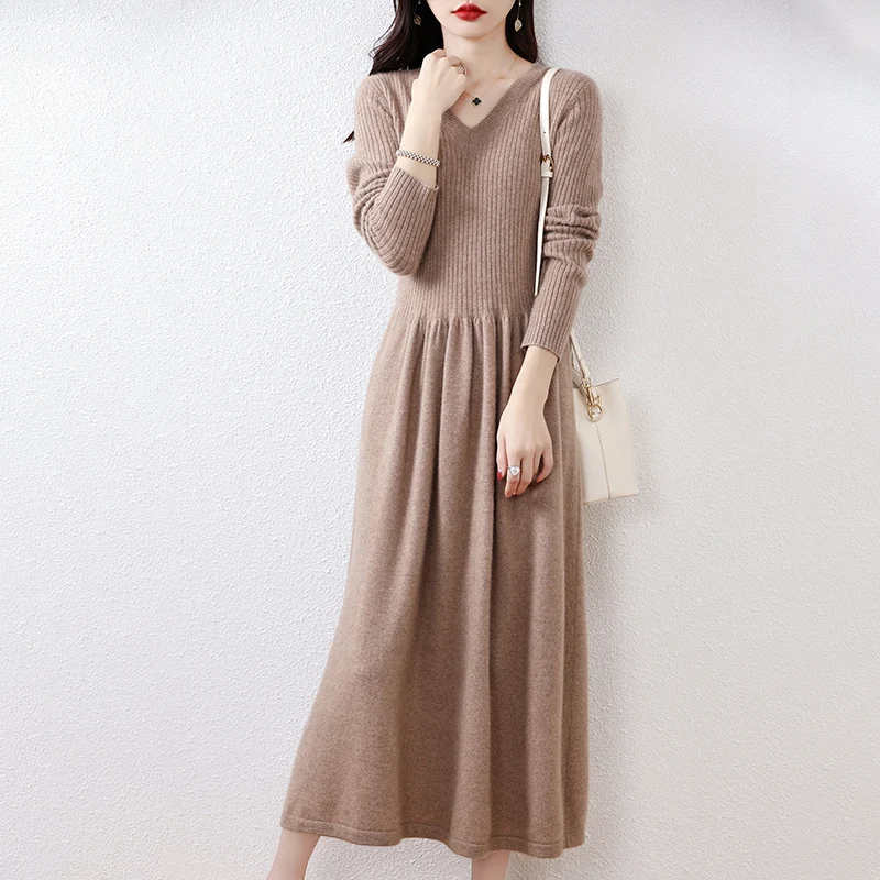 

New 100% Merino Wool Long Sweater Dress Spring and Autumn New Women's V-Neck Pleated A-Line Skirt Pullover Long Dress