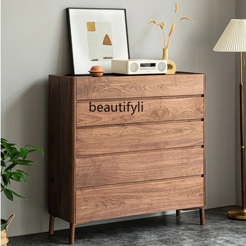 

Nordic black walnut chest of drawers, simple and modern all-solid wood bedroom storage cabinet R