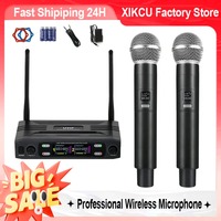 XIKCU Professional Wireless Microphone System Dual Channel UHF Fixed Frequency Handheld Dynamic Mic For Karaoke Party Meeting