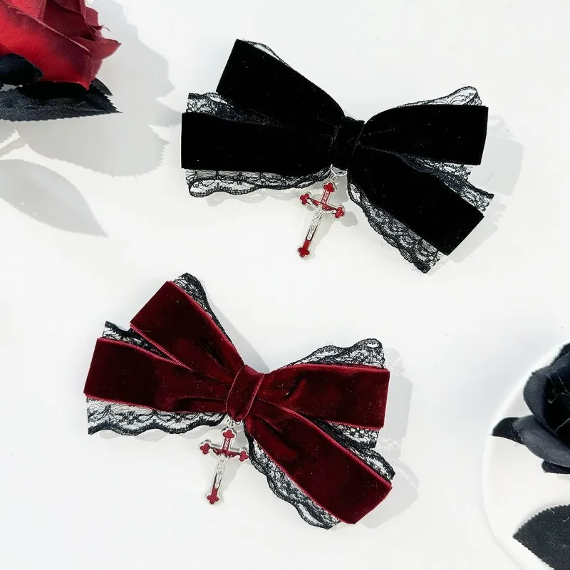 

Новые бархатные заколки для волос в стиле ретро с красным крестом и бабочкой для девочек, готические темно-сладкие крутые стильные аксессуары для волос