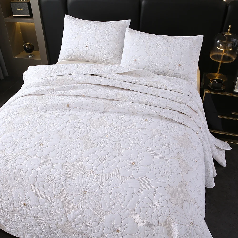 3PCS White Cotton Embroidered Quilt Set King Queen Size - Solid Bedspread on the Bed Quilted Comforter Blanket Coverlet for Bed