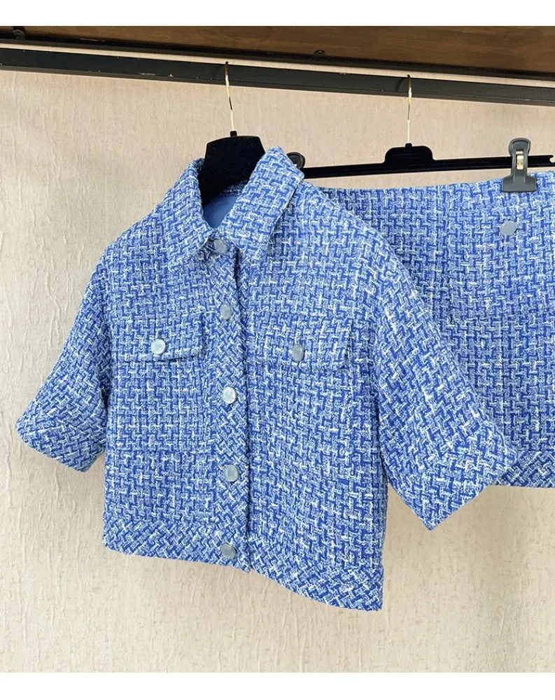 

2024 Spring Korean Style Chic Women's High Quality Short-sleeves Tweed Jackets + Blue Mini Skirts C480