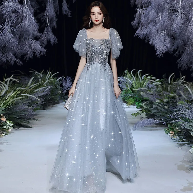 

Blue Short Sleeve 2025 New Fashion Sexy Square Collar Princess Sequined Fluffy Skirt Strap Back Formal Women Elegant Party Dress