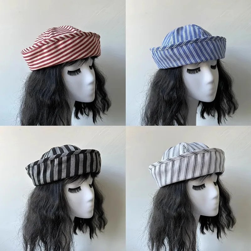 New 2025 Summer Linen Navy Sailor Cap Women Girls JK Cute Check Beret Blue-white Stripe Berets Fashion Hat Cosplay Nurse's Caps