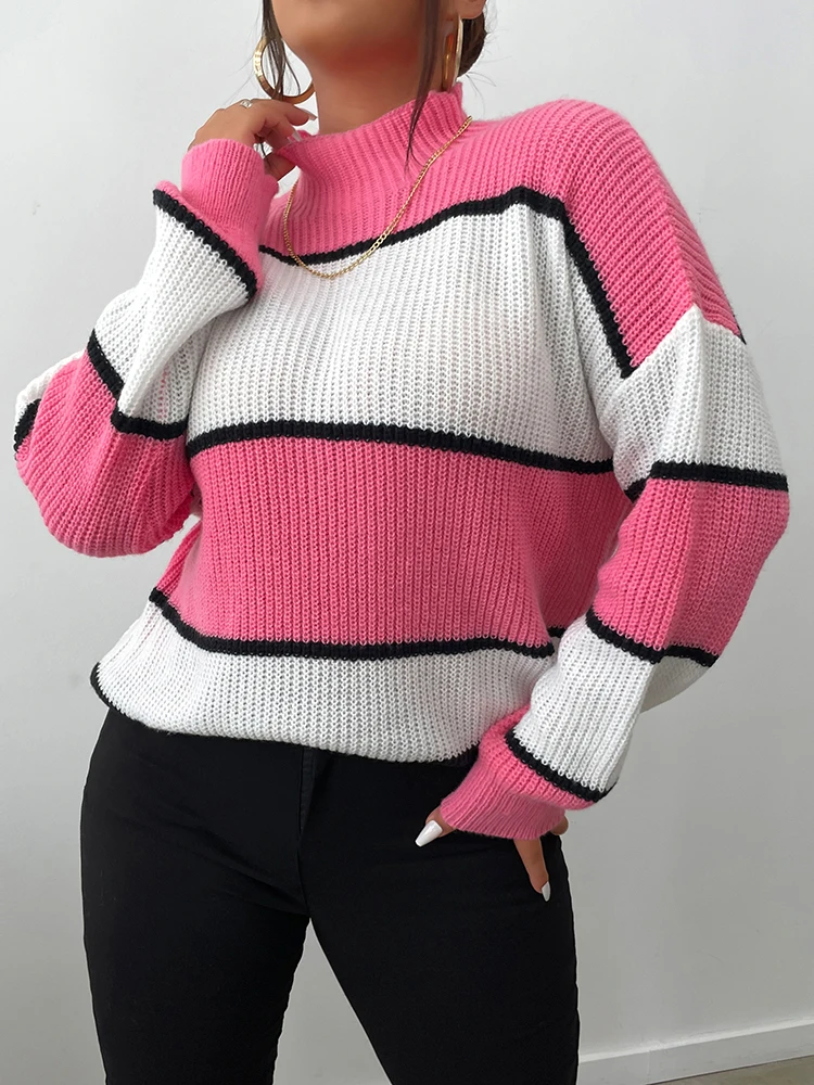 ONELINK Women\'s Sweater Autumn Plus Size Oversize Clothing Knitting Wide White Pink Striped Pullover Turtleneck Long Sleeve Tops