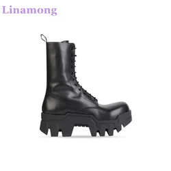 Black Thick Sole Non-slip Luxury Design Boots For Men Leather Fabric Solid Lace-up Ankle High Round Toe Handamde All-match Shoes