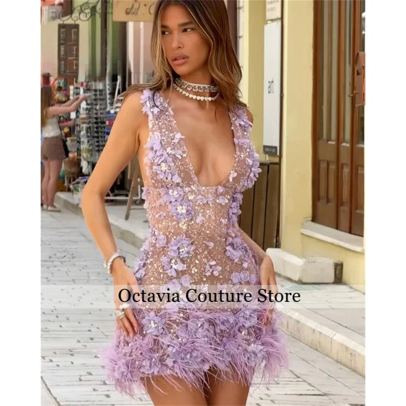 Fancy Feather Mini Homecoming Dress Flower Appliques Sequin Sleeveless Cocktail Party Vestidos De Fiesta Customized