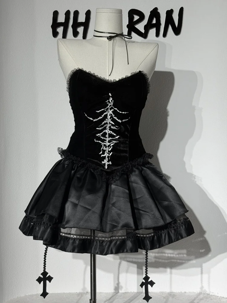 Gotisches Skelett-Cosplay-Kostüm für Damen, schulterfreies Kleid mit Spitze und ausgestellten Ärmeln, kurzes Kleid für Halloween, Nachtclub, Karneval, Rollenspiel-Outfit – Detail 17