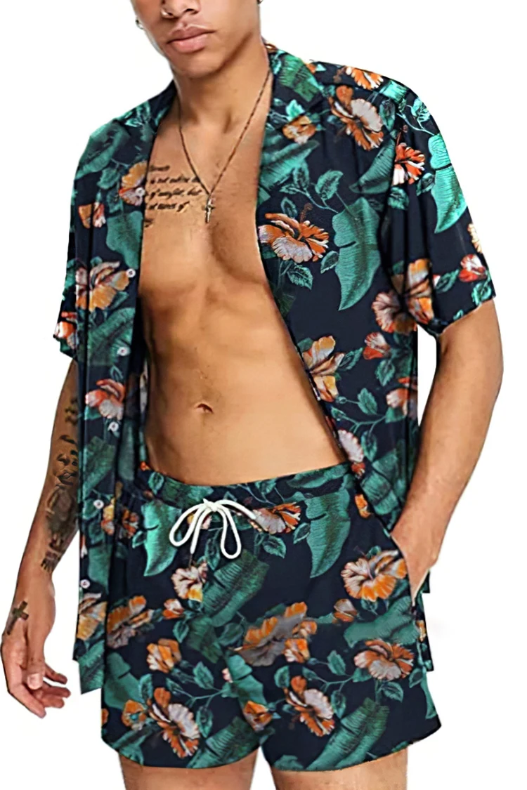 NEW  Spring and Summer Men's Shirt Beach Suit Polyester Jacquard Craft  Casual  Party Men's Shirt Beach Set