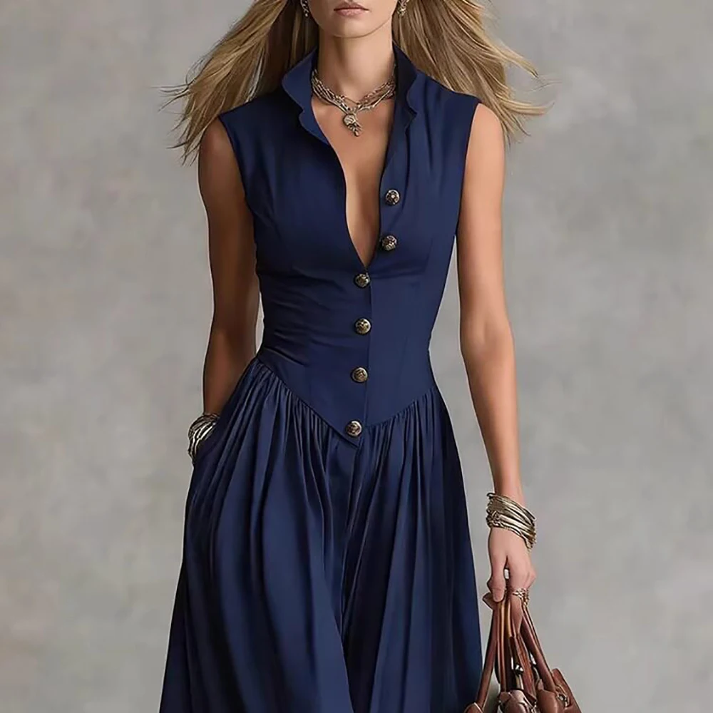 

Women’s Elegant Linen Shirt Dress Solid Sleeveless Single-Breasted Stand Collar Slim Fit Maxi Office Lady Long Dresses Vestidos