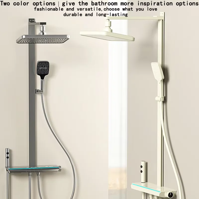 Luxury Smart LED Bathroom Faucet Wall Mounted Brass Piano Shower Set with Atmosphere Light Digital Display Rain Spray Pattern