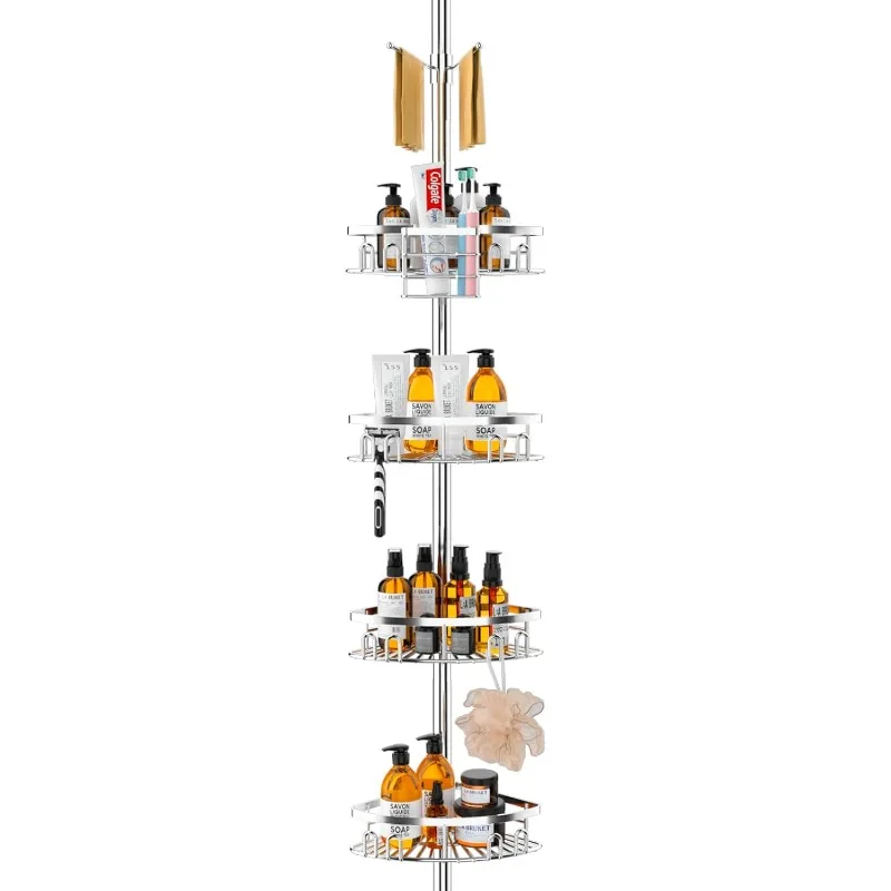 

Rustproof Shower Corner Caddy Shelf for Bathroom Tension Pole Organizer with 4 Baskets Bathtub Shampoo Storage