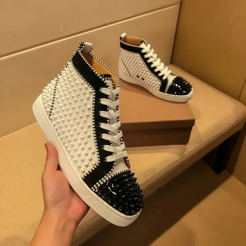 

Designer Luxury Rivets Full Nails Red Sole Shoes High-top Casual Sneakers Men's Color Matching Tide Brand White Shoes