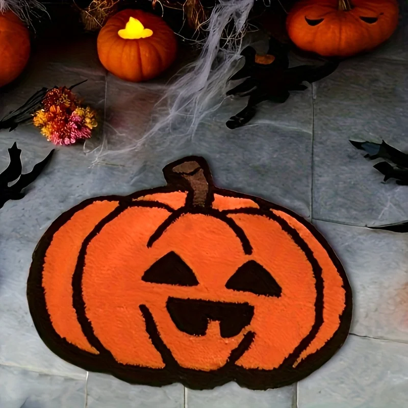 VIKAMA Halloween Pumpkin Face Irregular Bath Rug Soft Plush Non‑slip Absorbent Floor Mat For Bathroom Holiday Party Home Decor
